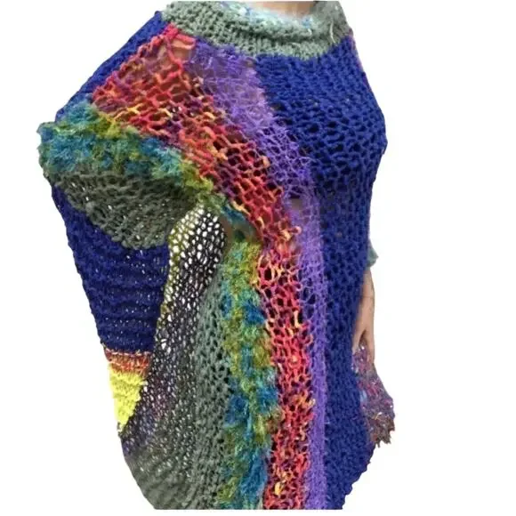 One of a Kind Handcrafted Art Knit Poncho Boho Psychedelic Statement Piece - Picture 3 of 4